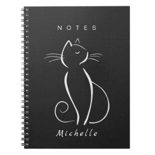 Carnet Minimaliste Chat Blanc Sur Noir Ajouter Nom