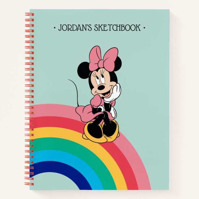 Carnet Minnie assise sur un arc en ciel | Ajouter votre n (Devant)