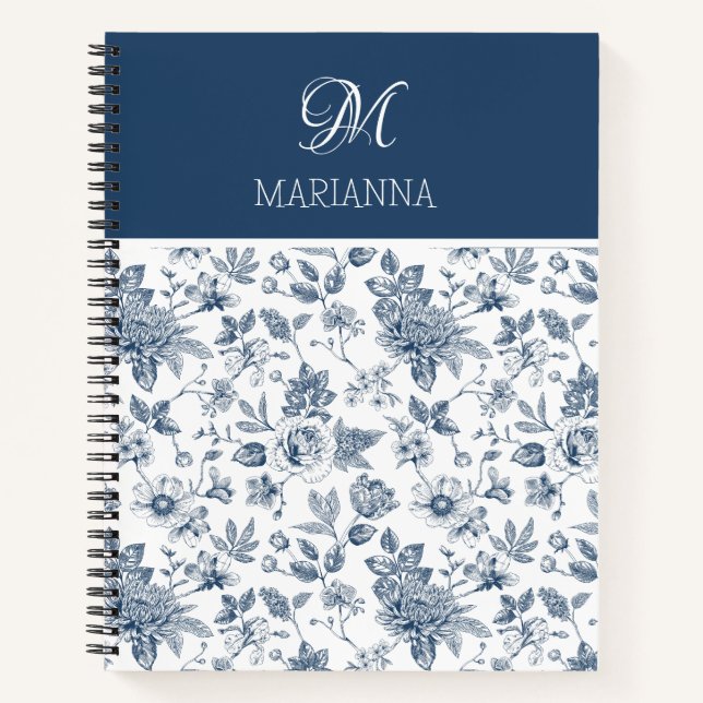 Carnet Modèle Floral bleu et nom Personnalisé (Devant)