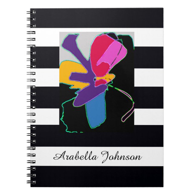 Carnet  Modern Abstract Art + Custom Name Chic B&W Stripe (Devant)