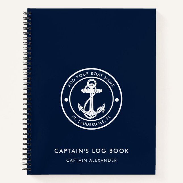 Carnet Modern Anchor Boat Name Navy Blue Captains Log (Devant)