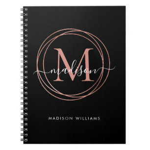 Carnet Modern Black Rose Gold Blush Pink Monogram Circle