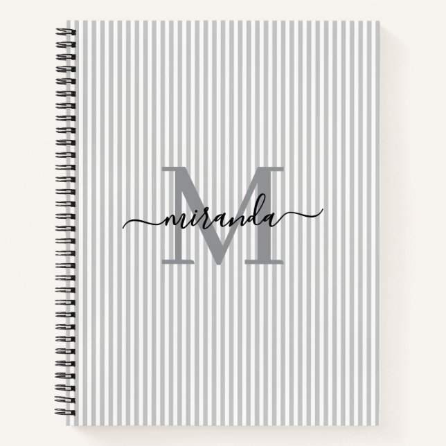 Carnet Modern Gray & White Stripes Monogram Name (Devant)