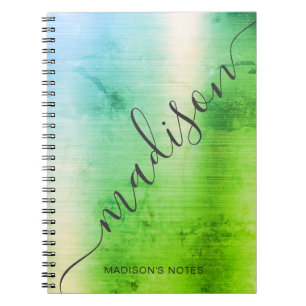 Carnet Modern Green Blue Ombre Metal Monogram Script
