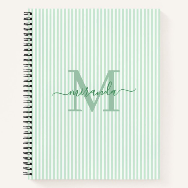 Carnet Modern Green & White Stripes Monogram Name (Devant)