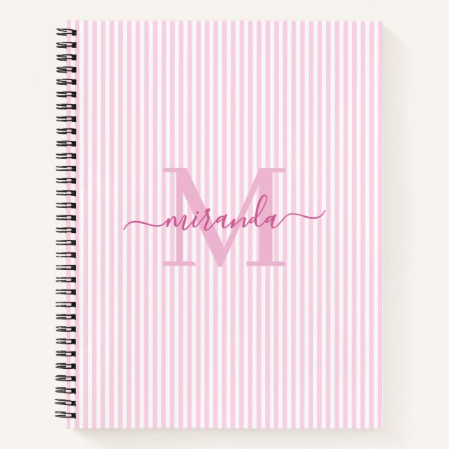 Carnet Modern Pink & White Stripes Monogram Name (Devant)