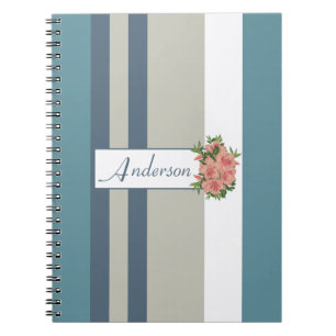 Carnet Modern Teal Blue and Tan Striped Floral