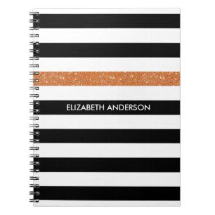 Carnet Moderne Black Stripes FAUX Orange Glitz et nom