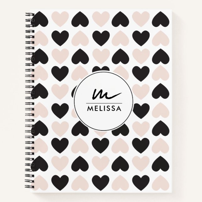 Carnet Moderne Blush rose noir Coeurs d'amour Monogramme (Devant)