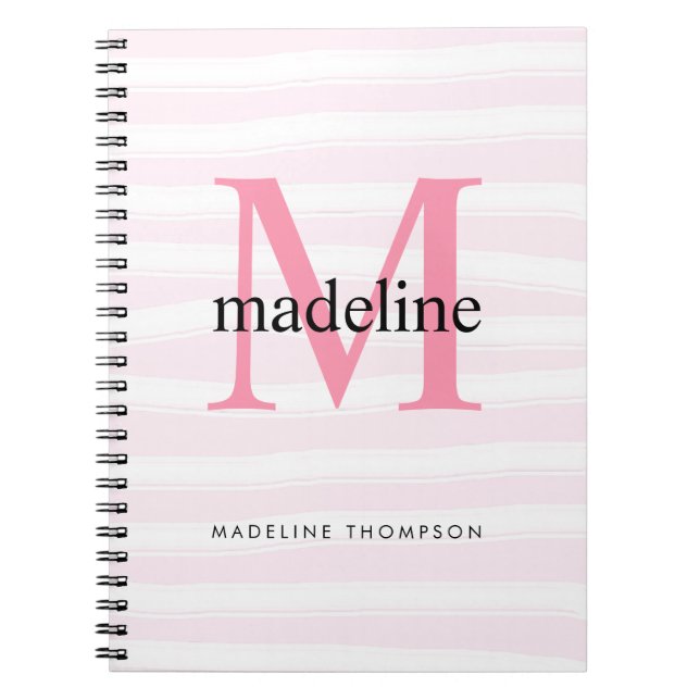 Carnet Moderne Girl rose rayures Monogramme Nom initial (Devant)