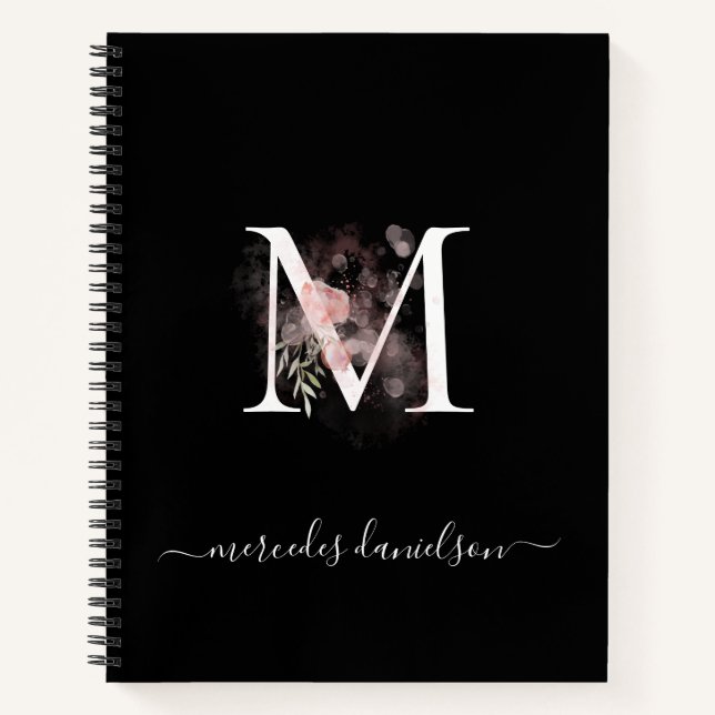 Carnet Moderne noir blanc clair rose rose floral Monogram (Devant)