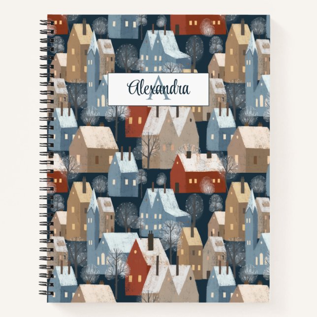 Carnet Moderne Nordic Cosy Winter Town Motif Monogramme (Devant)