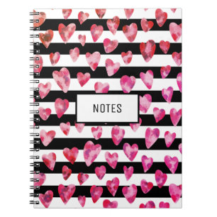 Carnet Moderne rose noir rayé coeur d'amour personnalisé