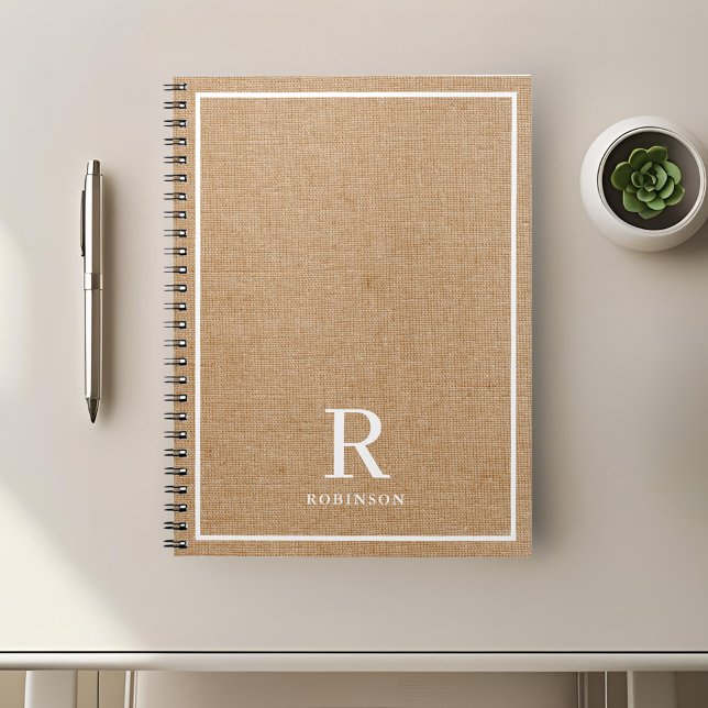 Carnet Moderne Rustique Burlap Nom de famille Monogramme (Créateur téléchargé)