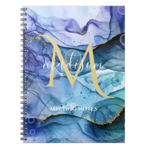 Carnet Monogram Blue & Gold Fluid Encre d'alcool Abstrait