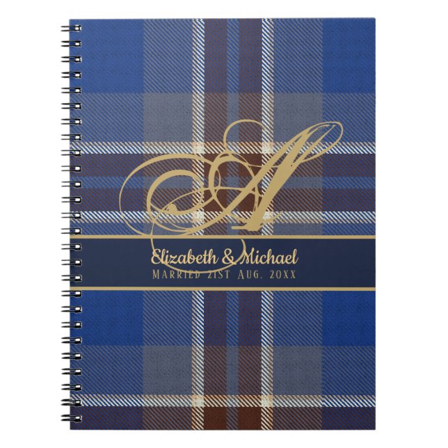Carnet monogram Blue Tartan Plaid Newlyweds Wedding (Devant)
