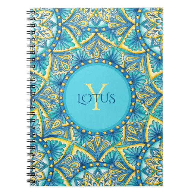 Carnet Monogram Blue Turquoise Floral Mandala Motif (Devant)