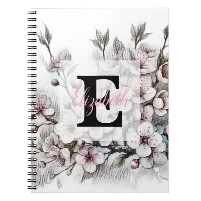 Carnet Monogram floral drawing pink cherry blossom  (Devant)