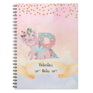 Carnet Monogram Letter R Cute Pig Girl Daily Study