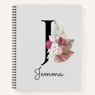 Carnet Monogram Pink Boho Girly Floral Initial J