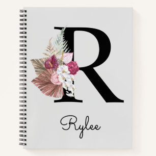 Carnet Monogram Pink Boho Girly Floral Initial R