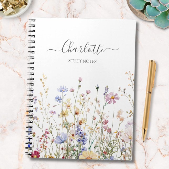 Carnet Monogram Watercolor Rustic Pretty Wildflower Field (In situ)