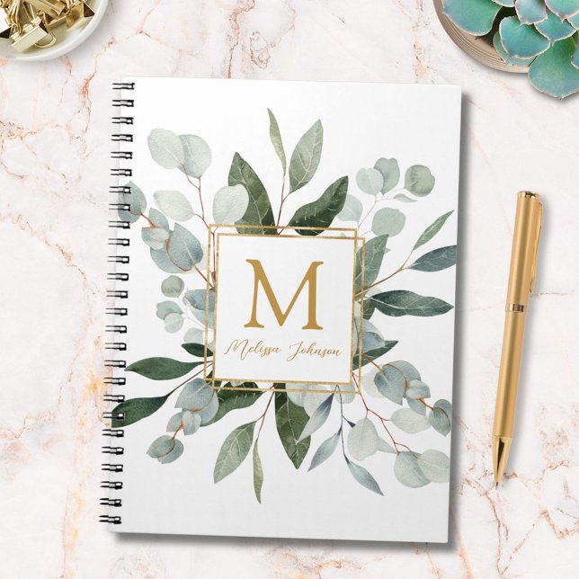 Carnet Monogram Watercolor Tropical Green Eucalyptus (In situ)