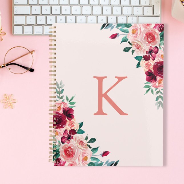 Carnet Monogramme Aquarelle Boho Rose Bourgogne Rose à fa (In situ)