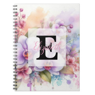 Carnet Monogramme aquarelle florale fleurs d'orchidée ros