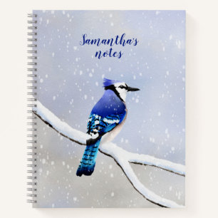 Carnet Monogramme Aquarelle hiver Neige Oiseau Bleu Jay