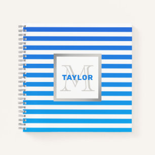 Carnet Monogramme avec rayures ombrées bleues modernes
