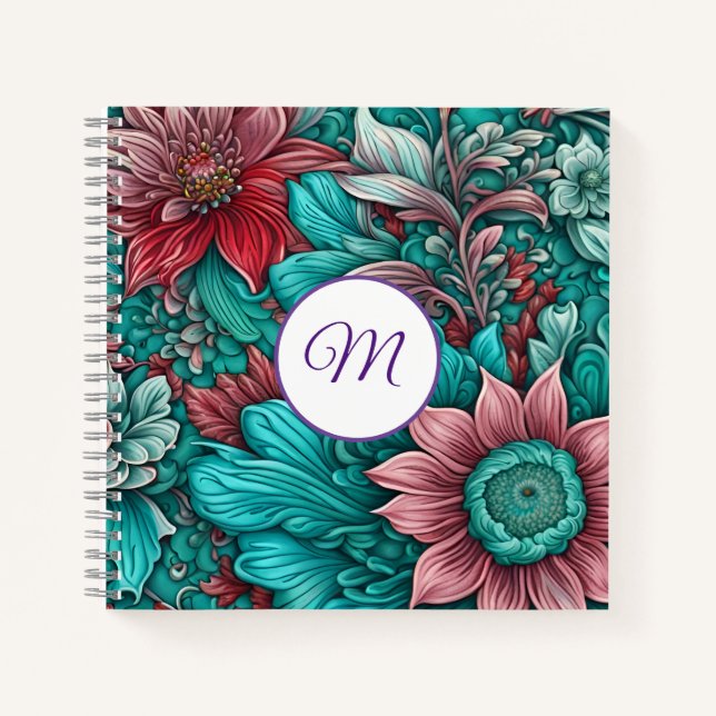 Carnet Monogramme, Bleu cyan, Rouge, Fleurs lunaires (Devant)