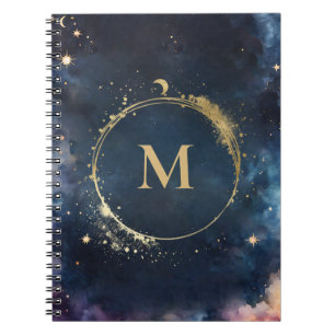 Carnet Monogramme céleste Blue Gold Galaxy Sky Planètes