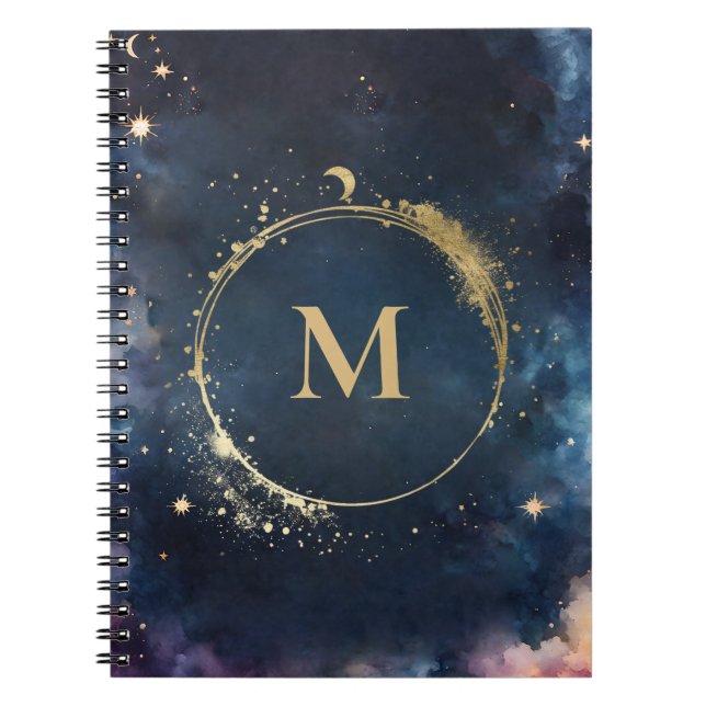 Carnet Monogramme céleste Blue Gold Galaxy Sky Planètes (Devant)