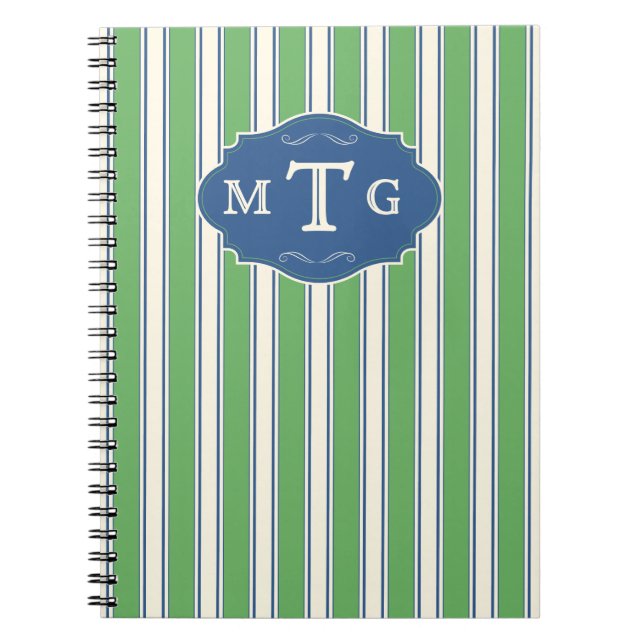 Carnet Monogramme Classique 3 Lettres Rayures Bleu Vert (Devant)