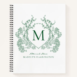 Carnet Monogramme classique à crête florale vert émeraude