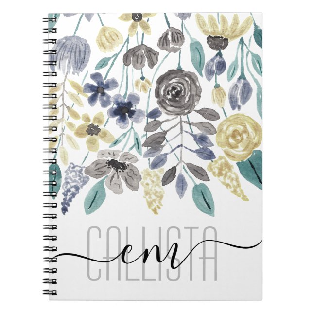 Carnet Monogramme d'aquarelle florale gris moderne (Devant)