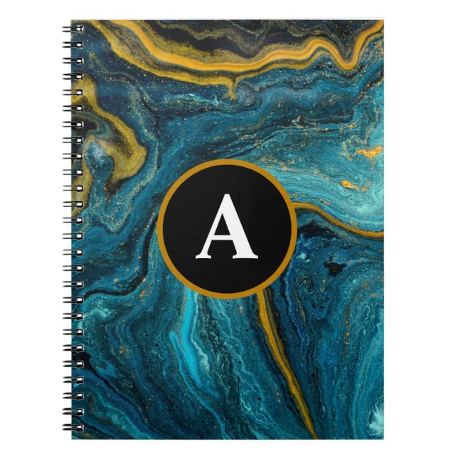 Carnet Monogramme d'aquarelle or Turquoise Abstrait (Devant)