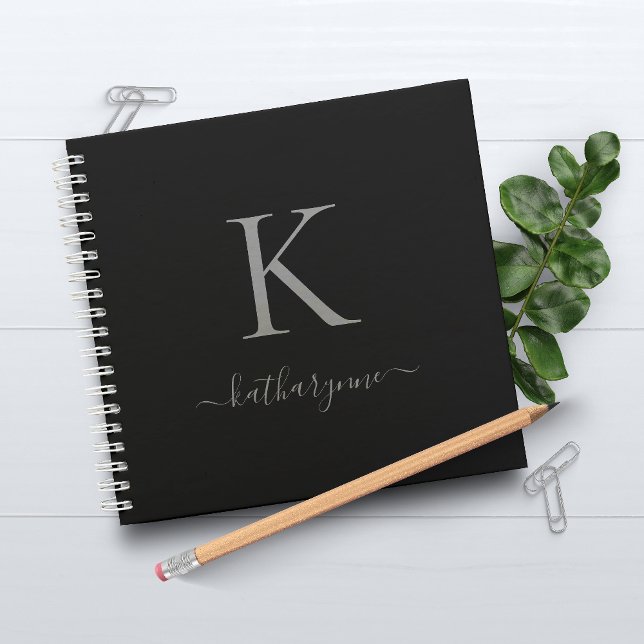 Carnet Monogramme d'argent noir moderne Nom du script (Créateur téléchargé)