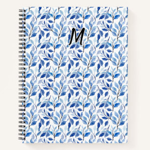 Carnet Monogramme d'art fin en mosaïque de feuilles bleue