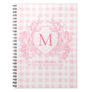 Carnet Monogramme de crête florale rose En vichy