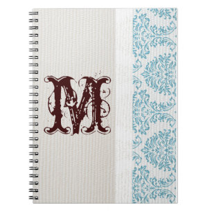 Carnet Monogramme de Damas en Filige Bleue Note initiale