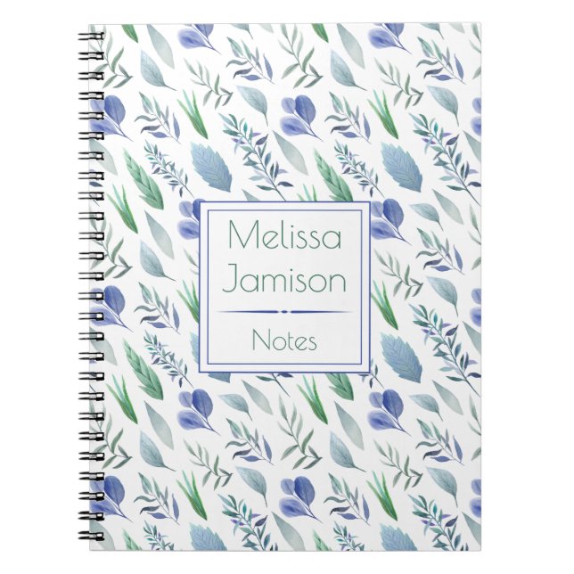 Carnet Monogramme de feuilles bleues et vertes à l'aquare (Devant)