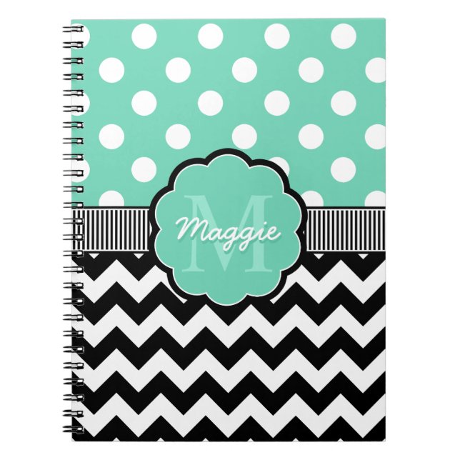 Carnet Monogramme de menthe Pois noire Chevron (Devant)