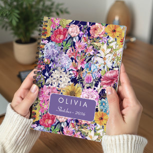 Carnet Monogramme de motif floral bleu jaune élégant