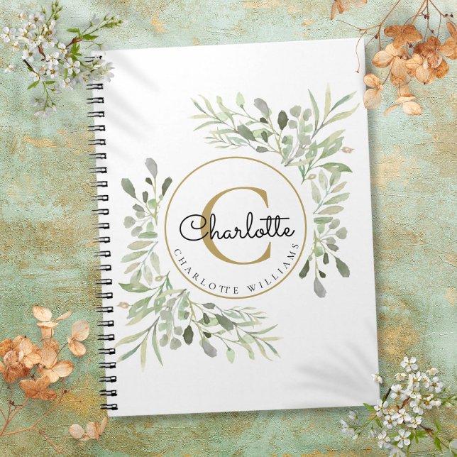 Carnet Monogramme de nom de verdure d'aquarelle élégante (Elegant Watercolor Greenery Monogram Name Notebook)