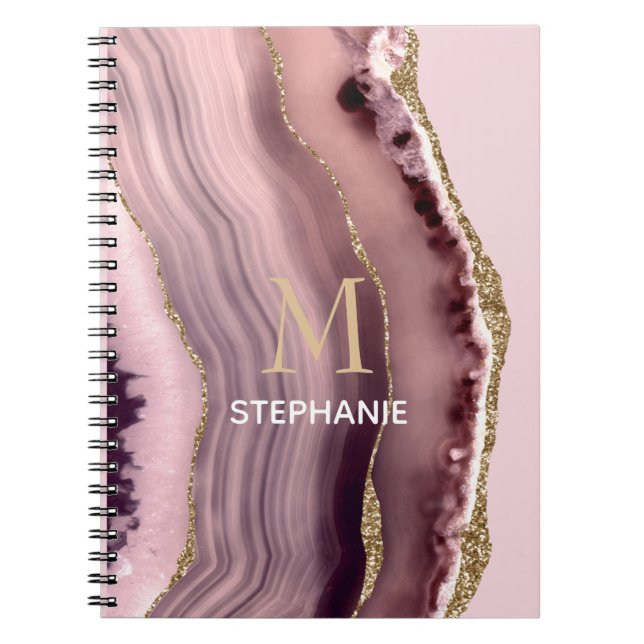 Carnet Monogramme de nom en géode d'agate rose et violet (Devant)
