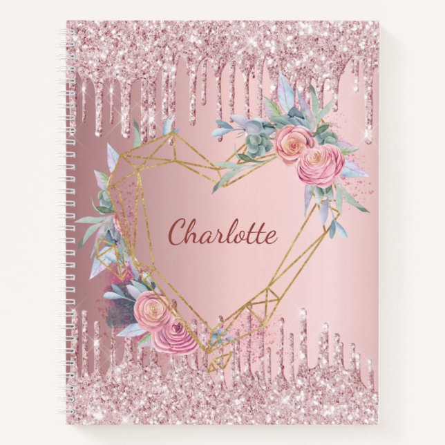 Carnet monogramme de parties scintillant florale rose-rou (Devant)