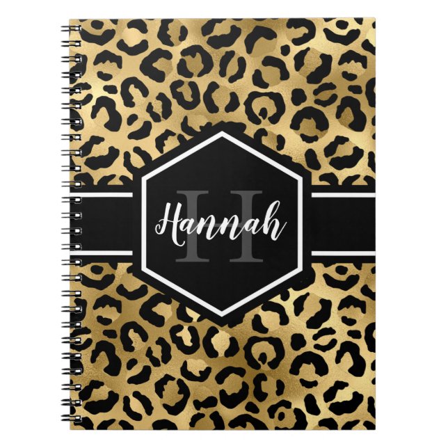 Carnet Monogramme de points de léopard noir or (Devant)