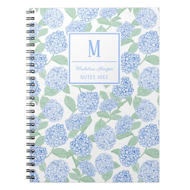 Carnet Monogramme de Preppy Blue et Green Hydrangeas (Devant)